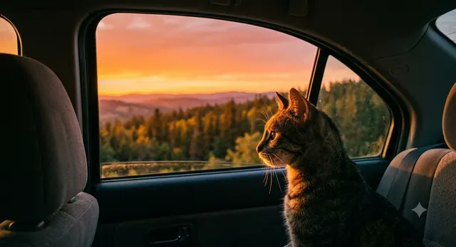 宠物在夕阳光线下靠在车窗边看向窗外