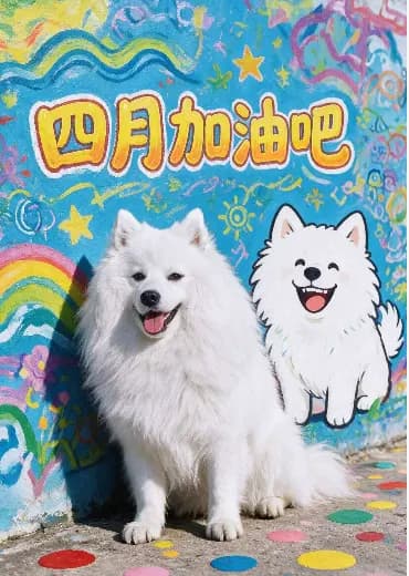 宠物站在彩色手绘墙前的写真