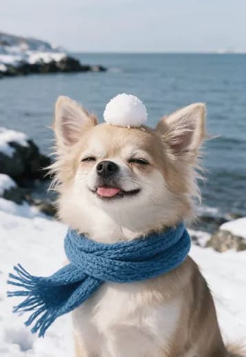 宠物戴着蓝色围巾，头顶雪球站在雪海边