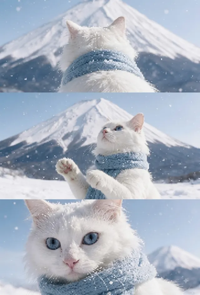 包含雪山、围巾和面部特写的三格宠物写真